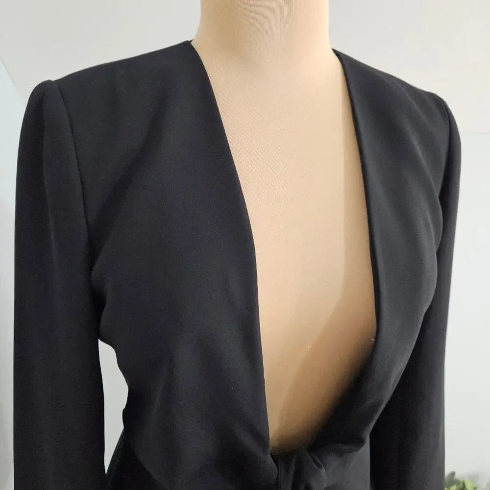 Bloomingdale’s Black Tie Front Blazer Jacket Womens Size 6 Academia Goth Minimal